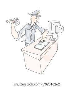 A brave customs officer puts a stamp in tourist passport hand draw comic style
