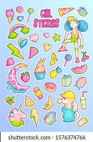 Brave cute fashion princess vector cartoon sticker set. Princess magic and cute stickers in fashion theme - hearts, lipstick, cherry, pizza and rainbow stickers. Teen fashion princesses collection -