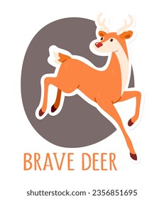 Brave deer animal jumping sticker. Beautiful forest deer fawn mammal with antlers and hoofs logotype. Cute wild deer animal cartoon character as wild nature fauna concept flat vector illustration