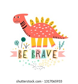 Brave dino traveler. Cartoon creative dinosaur vector illustration in scandinavian style. Vector Illustration. Can be used print print for t-shirts, home decor, posters, cards. Baby dino.