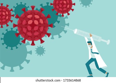 Brave doctor fight with huge coronavirus. Concept for preventing COVID-19 pandemic. Flat vector illustration.