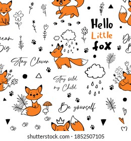 Brave doodle fox. Seamless pattern for nursery. Cartoon vector illustration. Cute graphic background. Print for kids. Scandinavian design for little baby room.