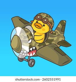 Brave duck flying military airplane with determination vector illustration