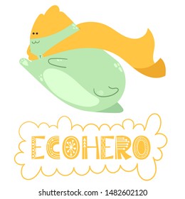 Brave eco hero hand drawn doodle cat. Isolated vector illustration for fabric print, poster, card, wall decoration, logo, label, banner, sticker.