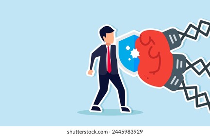 Brave entrepreneur battles to overcome competition, resilience against adversity, fighting spirit for victory, concept of Entrepreneur defends against multiple punches with shield in hand