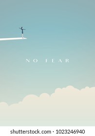 Brave, fearless woman standing on jumping board above clouds vector concept. Symbol of feminism, gender equality, courage, emancipation and women power in business. Eps10 vector illustration.