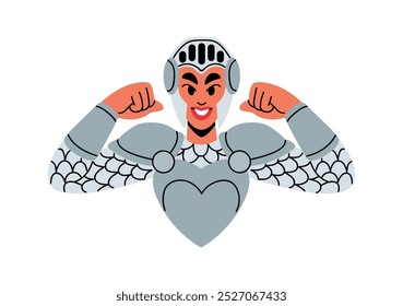 Valiente caballero femenino en el casco, la armadura muestra los músculos del brazo. Mujer fuerte que siente poder, que presenta fuerza. Chica feliz en armadura de soldado antiguo. Ilustración vectorial aislada plana sobre fondo blanco