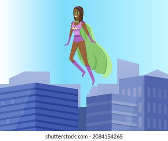 Brave female superhero save world and flies over buildings in city. Strong superwoman in colored suit protects people from villains. Hero has superpowers and defends justice in sky in big city