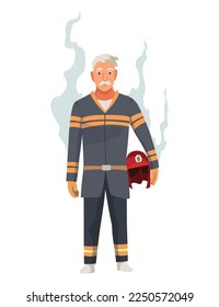 Brave firefighter in action. Man from fire brigade, standing full face in form of fireman, with personal protective equipment. Safety, rescue and emergency service concept