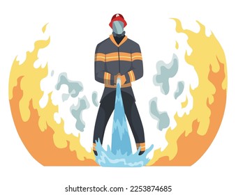 Brave firefighter in action. Man from fire brigade, standing full face in form of fireman, with personal protective equipment. Safety, rescue and emergency service concept