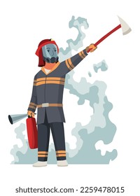 Brave firefighter in action. Man from fire brigade, standing full face in form of fireman, with personal protective equipment. Safety, rescue and emergency service concept