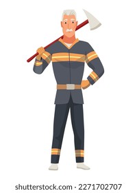 Brave firefighter in action. Man from fire brigade, standing full face in form of fireman, with personal protective equipment. Safety, rescue and emergency service concept