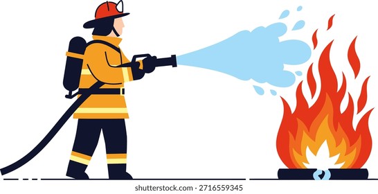 Un valiente bombero con equipo de protección completo, incluido un casco y un tanque de oxígeno, rocía activamente una poderosa corriente de agua de una manguera para extinguir un fuego Grande y ardiente.
