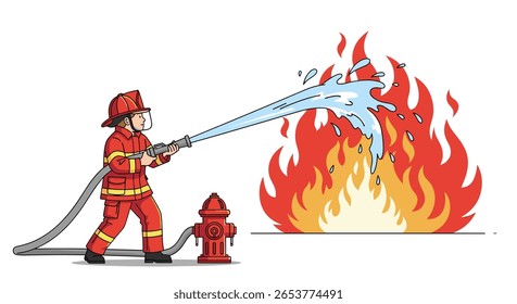 Brave firefighter hero bravely extinguishes a large uncontrolled raging destructive fire with water from a hose using a hydrant
