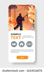 brave firefighter holding scrap extinguishing dangerous wildfire fighting bush fire firefighting natural disaster concept intense orange flames smartphone screen mobile app copy space vertical vector