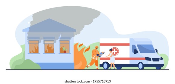 Valiente bombero salvando al niño del fuego. Cámara, llama, ilustración vectorial plana madre. Concepto de extinción de incendios y emergencia para la página web de anuncios, diseño de sitios web o aterrizaje