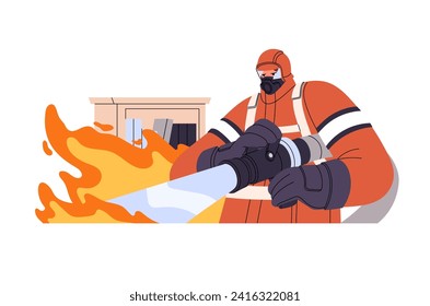 Valiente bombero rociando agua para extinguir el fuego en casa. Un bombero profesional con uniforme de seguridad pone a quemar un edificio con hidrante, manguera. Ilustración vectorial aislada plana sobre fondo blanco