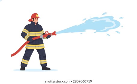 Brave firefighter stands in full protective gear while spraying a high-pressure stream of water from a fire hose to extinguish an emergency.