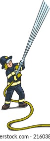 Brave firefighter with a water hose extinguish a fire. Children vector illustration. Fire engine