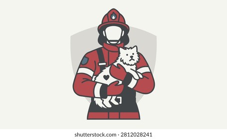Brave firefighter wearing full protective red uniform and helmet while holding a rescued white dog in front of a shield icon.