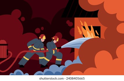 Los valientes bomberos extinguen el fuego. Servicio de emergencia, rescatistas en el trabajo, personas con uniformes y cascos de protección, ilustración vectorial.eps
