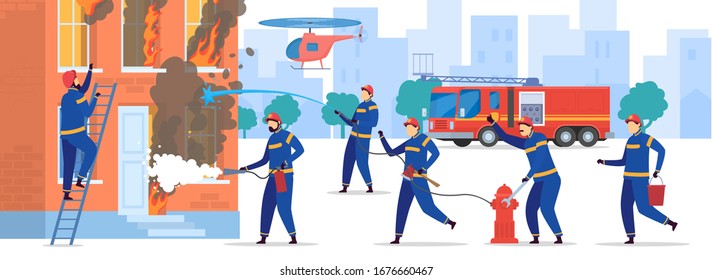 Brave firefighters extinguish fire in house, vector illustration. Professional team of firemen working together, people cartoon characters. Burning house, emergency rescue, firefighters in uniform