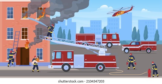 Brave firefighters extinguishing fire in house vector flat illustration. Team firemans working together hose water flow, carrying victim use truck, stairs and helicopter. Burning emergency rescue