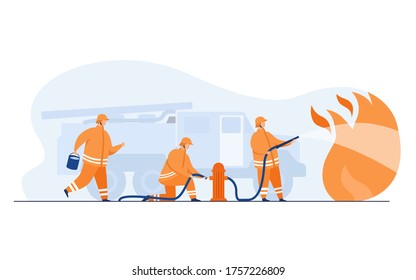 Brave firefighters firefighting with flame flat vector illustration. Cartoon firemen wearing uniform and helmets. Fire department, emergency service and safety concept