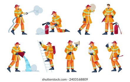 Valientes bomberos apagando el fuego, hombres aislados usando cascos protectores y uniformes. Caricatura vectorial plana, bomberos con mangueras y agua, escalera para llegar a la ventana, altavoces