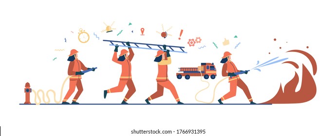 Brave firefighters wearing uniform and helmets firefighting isolated flat vector illustration. Cartoon firemen team watering fire. Safety, rescue and emergency service concept