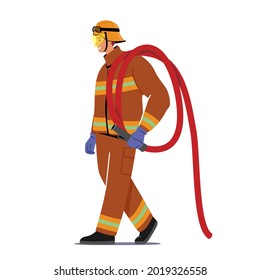 Brave Fireman Carry Water Hose on Shoulder, Equipment for Fighting with Burning Blaze. Male Character in Firefighters Uniform and Hat, Fire Man Dangerous Profession. Cartoon Vector Illustration