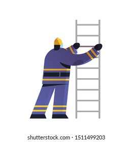 brave fireman climbing ladder firefighter wearing uniform and helmet firefighting emergency service extinguishing fire concept flat white background full length