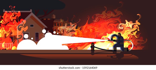brave fireman extinguishing flame in burning house firefighter wearing uniform and helmet spraying water to fire firefighting emergency service concept flat full length horizontal vector illustration