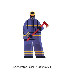 brave fireman holding axe firefighter wearing uniform and helmet firefighting emergency service extinguishing fire concept flat white background full length