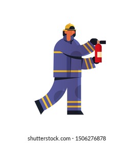 brave fireman holding extinguisher firefighter wearing uniform and helmet firefighting emergency service concept flat white background full length