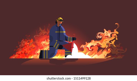 brave fireman holding red buckets with sand firefighter extinguishing fire firefighting emergency service concept orange flame background full length horizontal