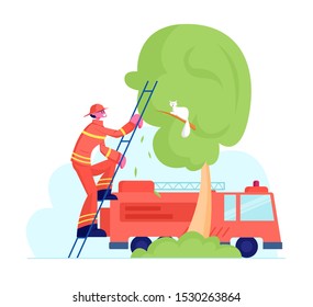 Brave Fireman in Red Protective Uniform and Helmet Climbing Up Truck Ladder to Save Cat from High Tree with Firetruck Standing nearby. Firefighter Rescuer Profession. Cartoon Flat Vector Illustration