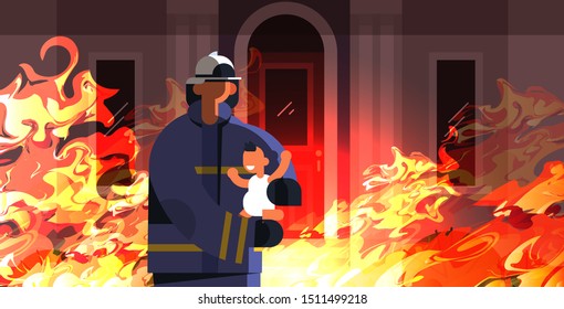 Brave Fireman Rescuing Little Child Firefighter Stock Vector (Royalty ...