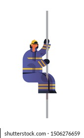 Brave Fireman Sliding Down The Pole Of Fire Station Firefighter Wearing Uniform And Helmet Firefighting Emergency Service Extinguishing Fire Concept Flat Vertical Full Length