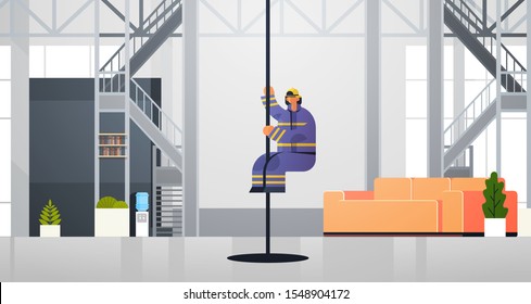 Brave Fireman Sliding Down The Pole Firefighter Wearing Uniform And Helmet Firefighting Emergency Service Concept Modern Fire Department Interior Flat Horizontal Full Length Vector Illustration