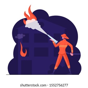 Brave Fireman Spraying Water from Hose Fighting with Blaze at Burning House. Male Character in Firefighters Uniform and Hat Extinguish Big Fire. Dangerous Profession. Cartoon Flat Vector Illustration