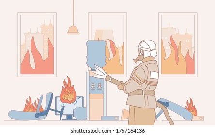 Brave fireman in uniform and helmet hold in hand fire extinguisher and extinguish fire in office vector cartoon outline illustration. Firefighter in burning room, fire fighting emergency concept.