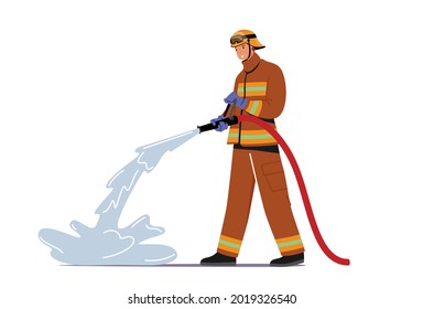 Brave Fireman Wearing Uniform and Hat Spraying Water Jet from Hose Fighting with Burning Blaze Isolated on White Background. Firefighter Male Character Extinguish Fire. Cartoon Vector Illustration