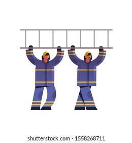 brave firemen couple carrying ladder firefighters team in uniform and helmet firefighting emergency service extinguishing fire concept flat white background full length vector illustration