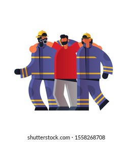 brave firemen couple rescuing injured man firefighters team in uniform and helmet firefighting emergency service extinguishing fire concept flat white background full length vector illustration