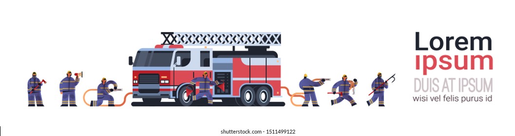 brave firemen at fire truck getting ready to extinguishing fire firefighters wearing uniform and helmet firefighting emergency service concept flat full length horizontal copy space