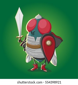 Brave fly-hero with a sword, shield and armor will save everyone! illustration, vector