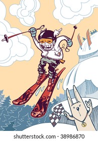 The brave free-rider is in the tough mountains. The newschool skier is sliding down and jumping from the snow cliffs. He is taking part in a free-ride contest!