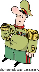 A brave general in a military uniform and military cap, with medals on his chest. Vector illustration in cartoon style.