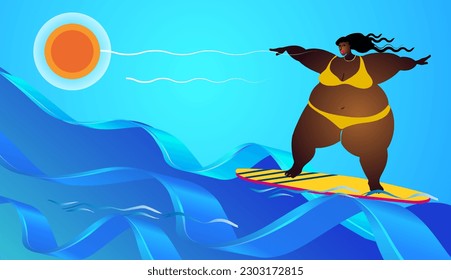Brave girl among the waves on a surfboard. Vector illustration of a vacation.